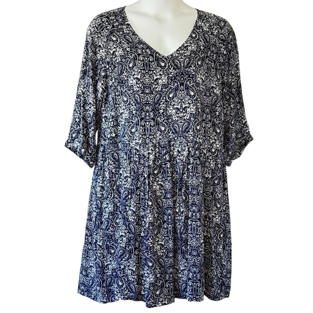 Garnet Hill Paisley Pocket Dress V Neck 3/4 Sleeves Dropped Dropped Waist  16